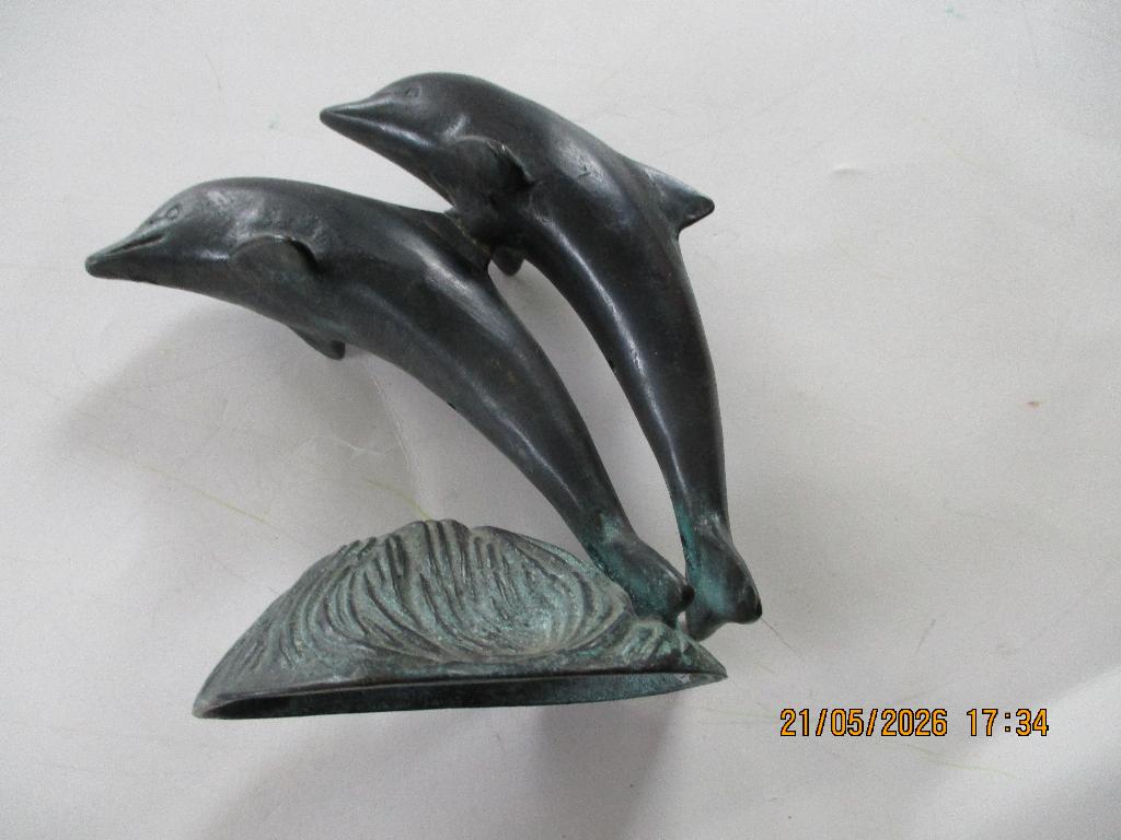 Bronzen beeldje dolfijnen 14 cm.hoog 13 cm breed, Ophalen of Verzenden, Zo goed als nieuw, Dier