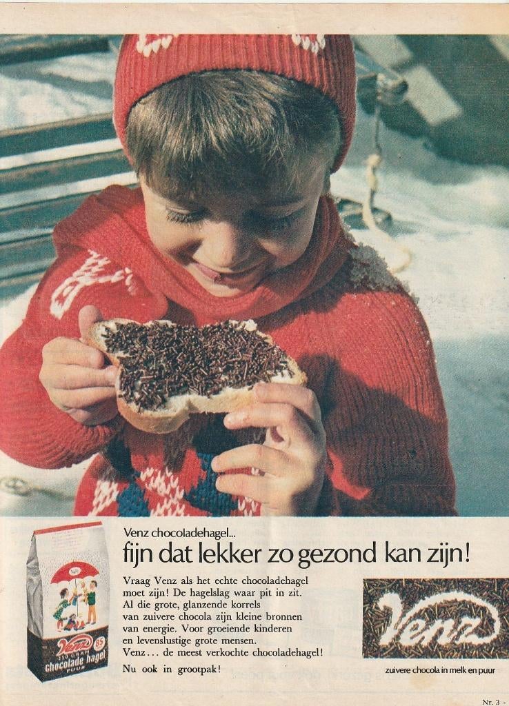 Retro reclame 1964 Venz hagelslag jongetje sneeuw, Verzamelen, Retro, Verzenden, Overige typen