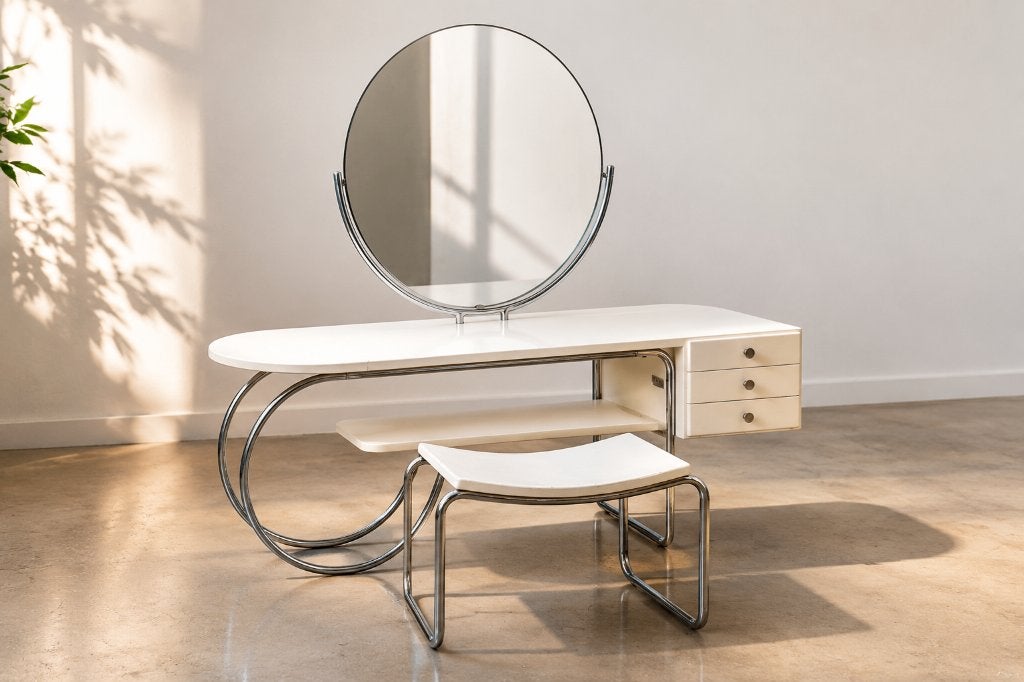Auping Kaptafel met krukje, jaren 30 Art Deco Buisframe, Ophalen, Gebruikt, 100 tot 150 cm, Metaal of Aluminium