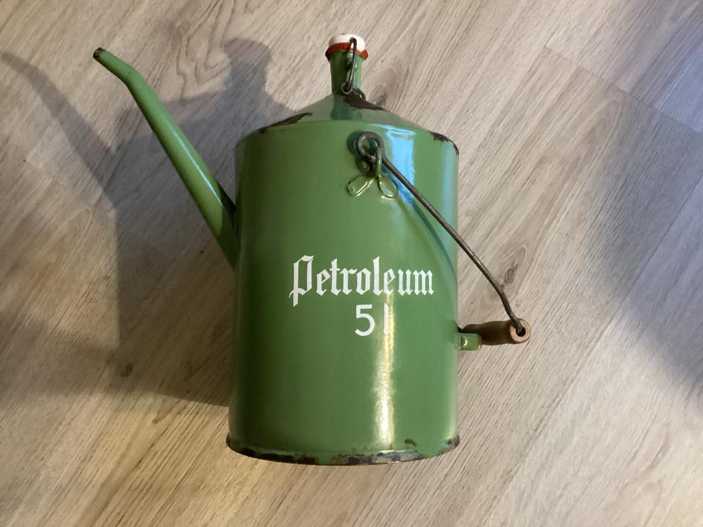 Vintage Groen Emaille Petroleum Kan 5L met Beugeldop, Ophalen of Verzenden
