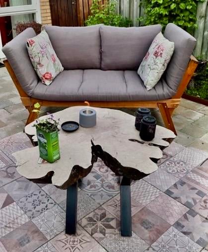 Prachtige eiken boomstamschijf tafel met X-poten, Ophalen of Verzenden, Nieuw, Rechthoekig, Hout
