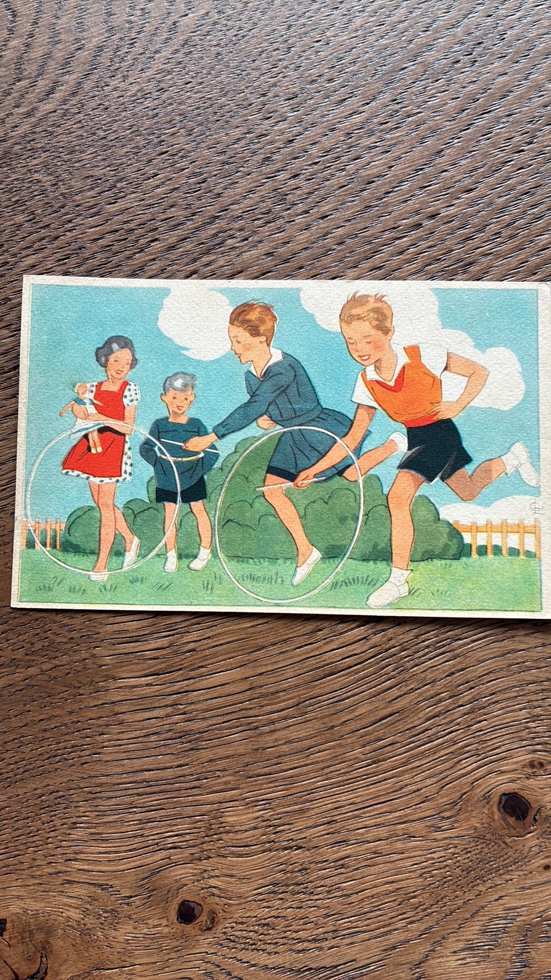 Kinderkaart.Meisje met pop, kinderen met hoepel., Ophalen of Verzenden, 1940 tot 1960, Kinderen