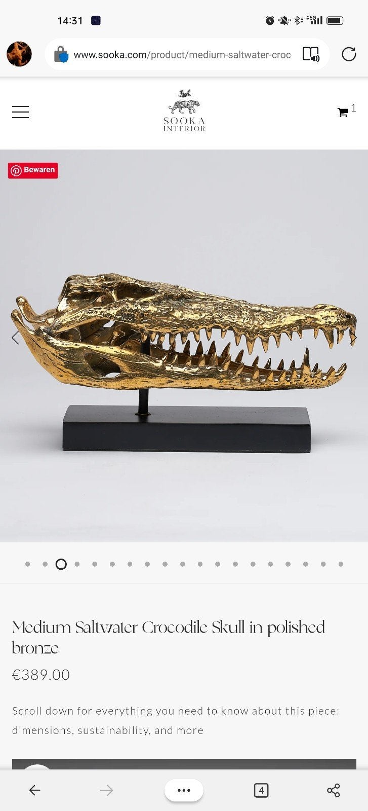 Goudkleurige Krokodillenschedel Decoratie op Sokkel, Ophalen, Metaal, Met sokkel, Zo goed als nieuw