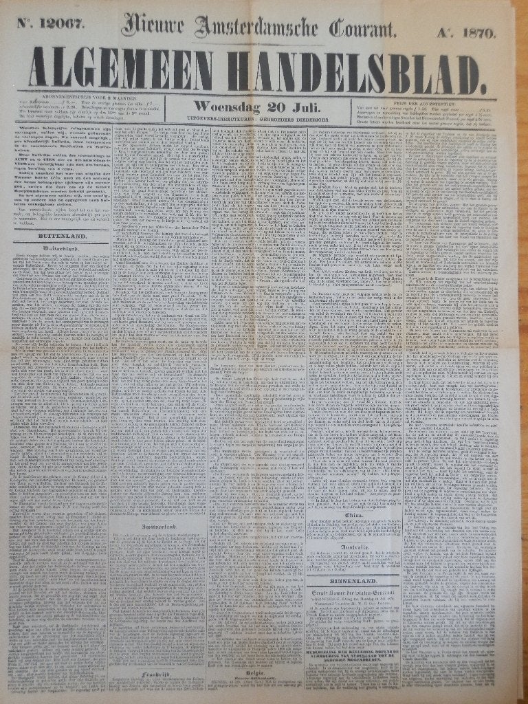 krant 'Algemeen Handelsblad' 20-07-1870, 4 pagina's., Ophalen of Verzenden, Gelezen, Krant