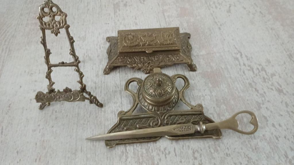 Vintage messing bureauset,Victoriaans,inktpot&briefopener, Ophalen of Verzenden