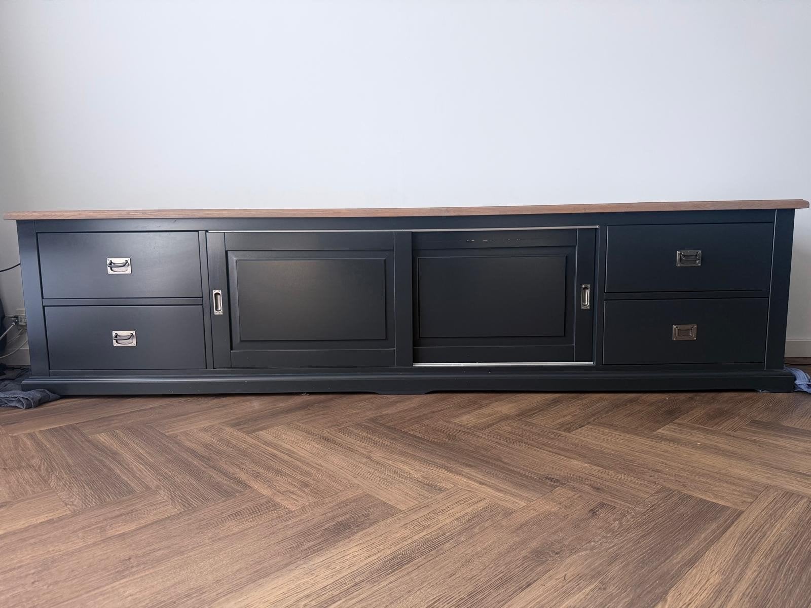 Donkergrijze dressoir met houten blad, Ophalen, Gebruikt, Modern landelijk, 200 cm of meer