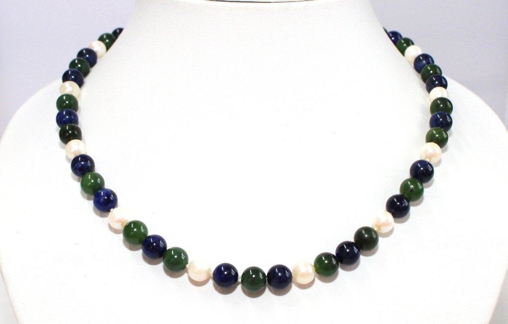 Prachtige Lapis Lazuli Jade & Akoya Parel Ketting 45 CM, Ophalen of Verzenden, Zilver, Ketting, Verguld