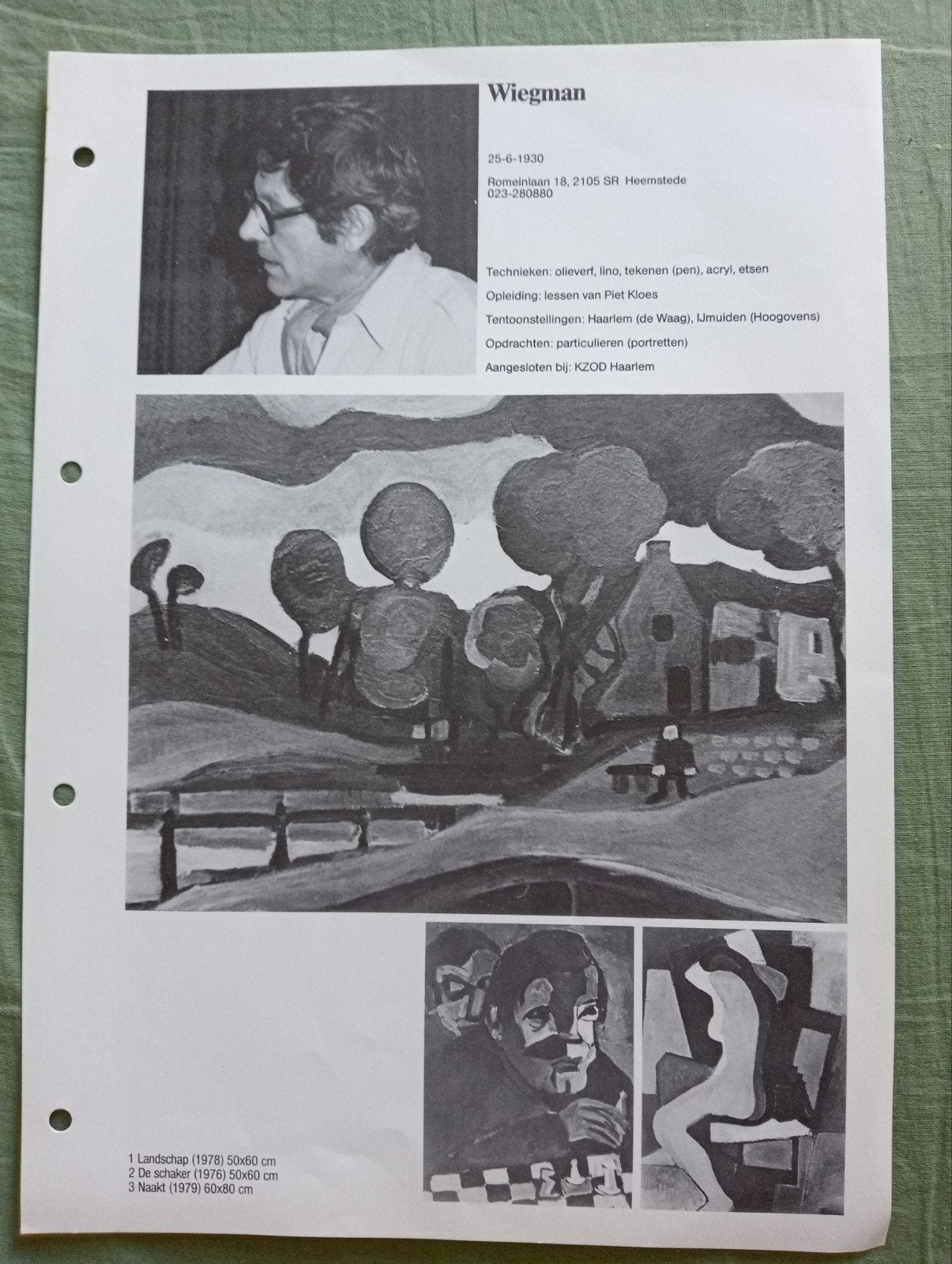 Documentatieblad Piet Wiegman - Kunstenaar circa 1980, Ophalen of Verzenden