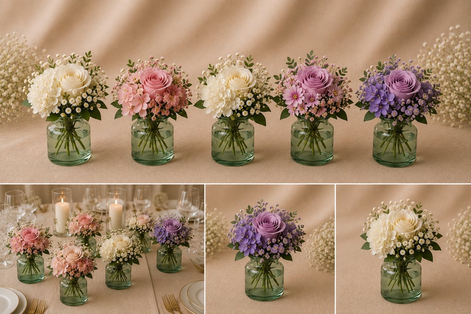 Bruiloft tafeldecoratie bloemen & vaasjes huren groen, Ophalen, Nieuw, Geboorte of Huwelijk