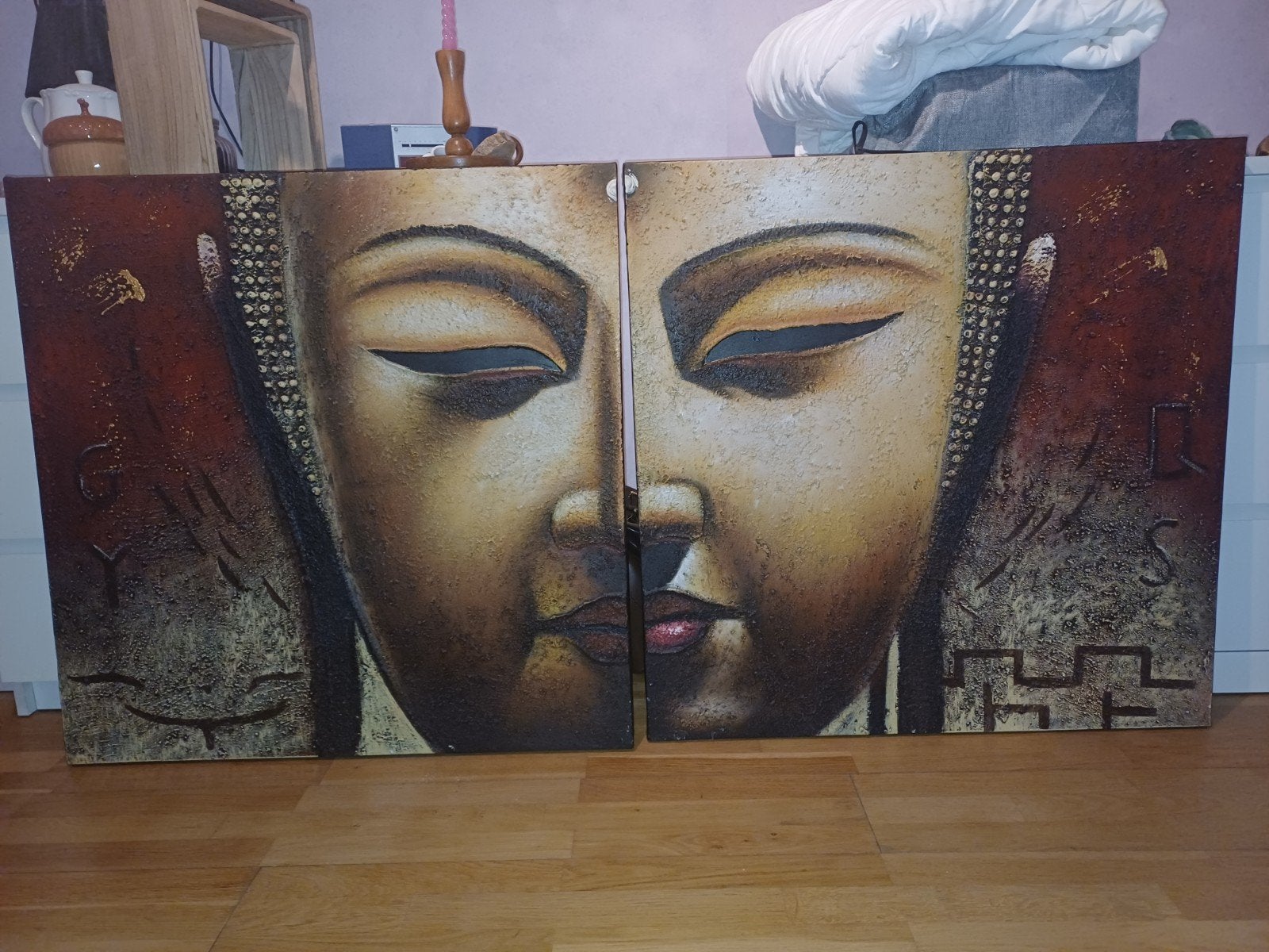Boeddha Tweeluik Schilderij met Reliëf - 160x80cm, Ophalen, Overige materialen, Met textuur, Overige technieken