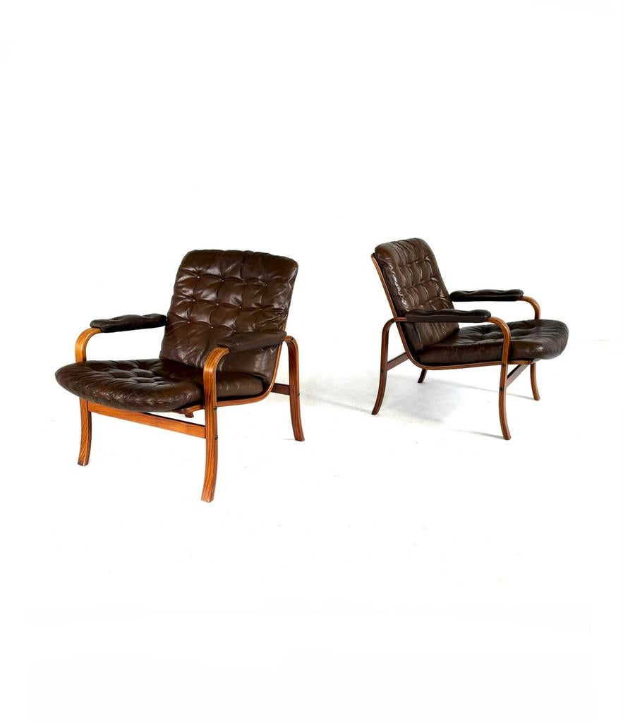 Set van 2 vintage fauteuil, Göte Möbler Nassjö, Zweden ‘79, Vintage retro buisframe design rotan webbing papercord deens, Minder dan 75 cm