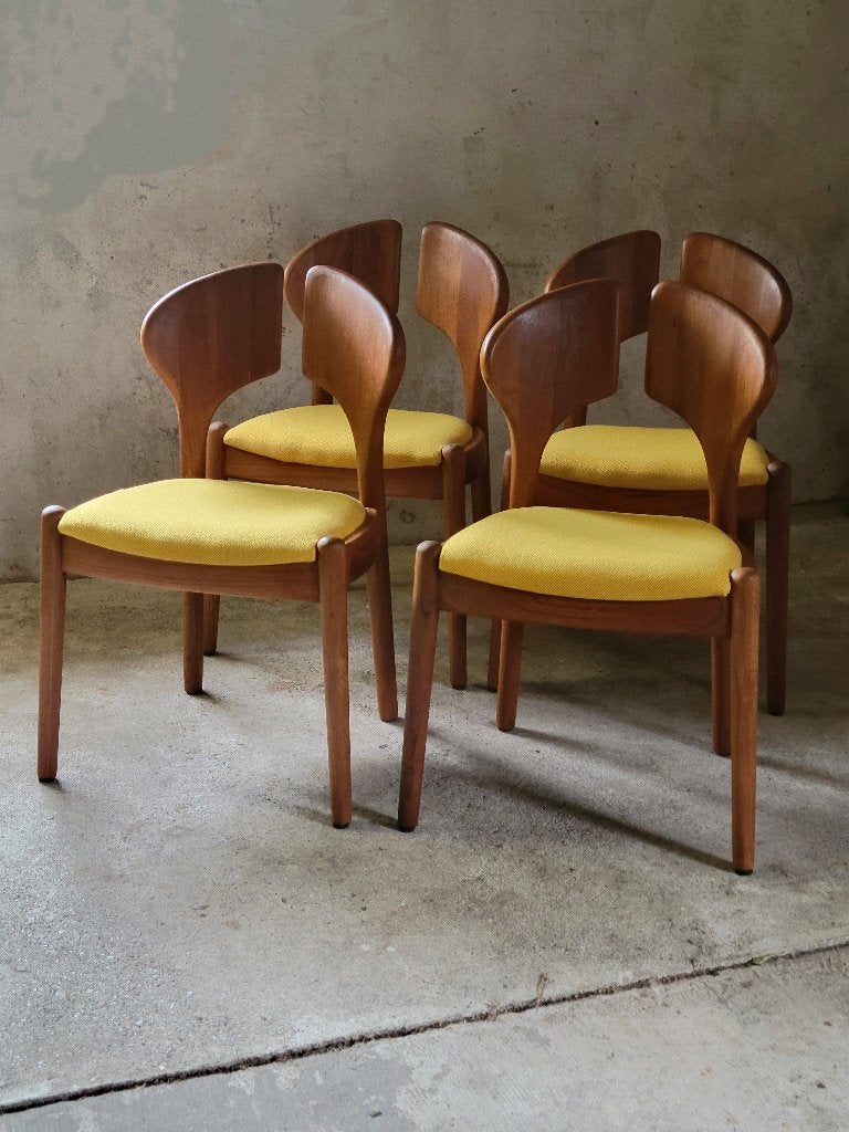 Set van 4 Schou Andersen eetkamerstoelen in teak, Denemarken, Hout, Bruin, Ophalen of Verzenden, Zo goed als nieuw