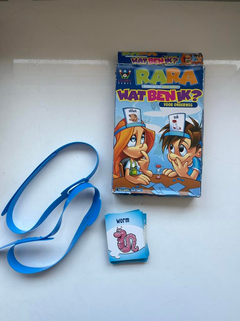 Rara Wat Ben Ik? spel met 2 hoofdbanden en kaarten, Een of twee spelers, Ophalen of Verzenden, Gebruikt, Reisspel