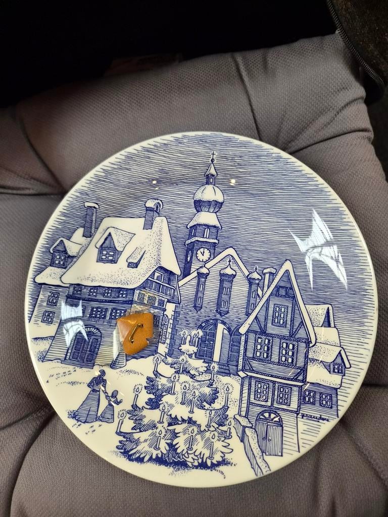 Vintage Kerstbord - Blauw-wit Winterlandschap, Ophalen