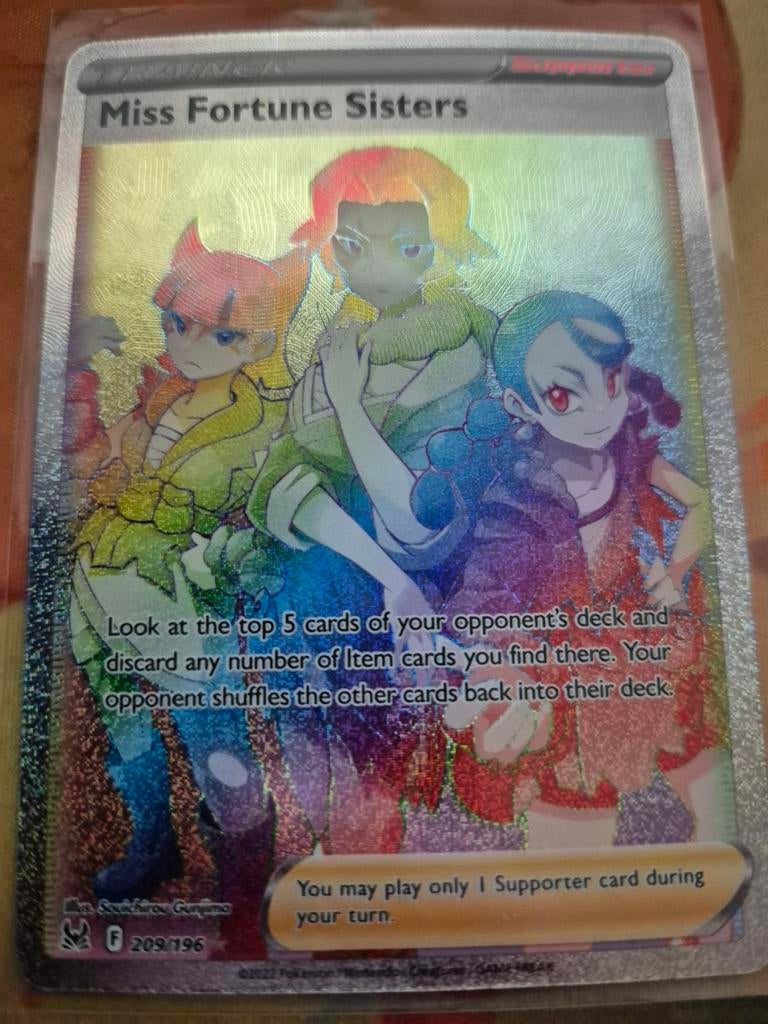 Miss Fortune Sisters Full Art Rainbow Rare Pokémon Kaart, Ophalen of Verzenden, Zo goed als nieuw, Losse kaart, Foil