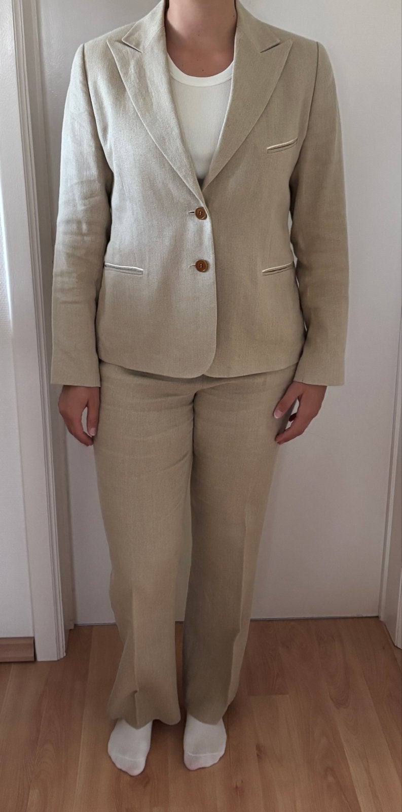 SCAPA Linnen Kostuum - Jasje en Broek, Kleding | Dames, Kostuum of Pak, Beige, Maat 42/44 (L), Ophalen of Verzenden