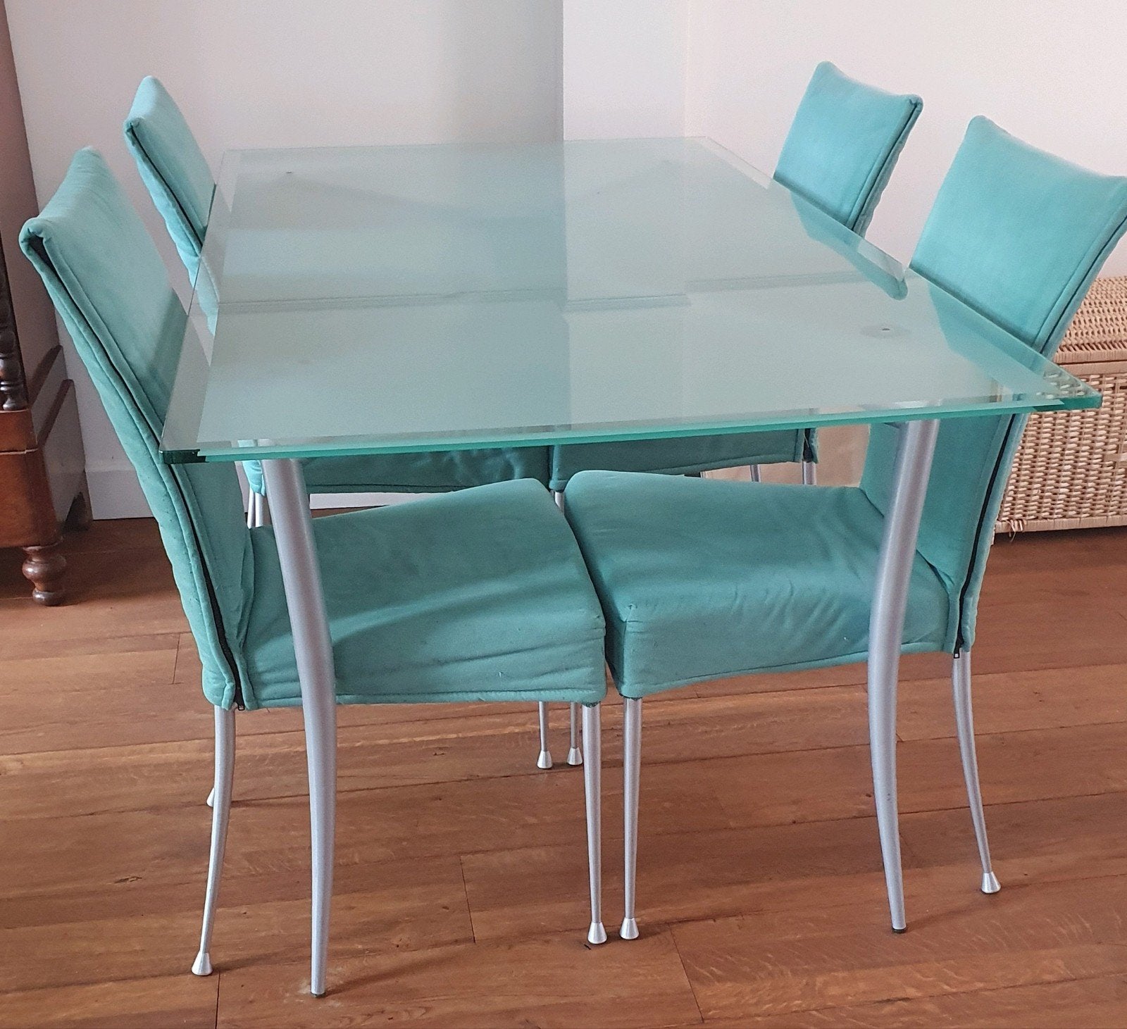 Glazen eettafel met 4 stoelen, Ophalen, Gebruikt, 50 tot 100 cm, Glas