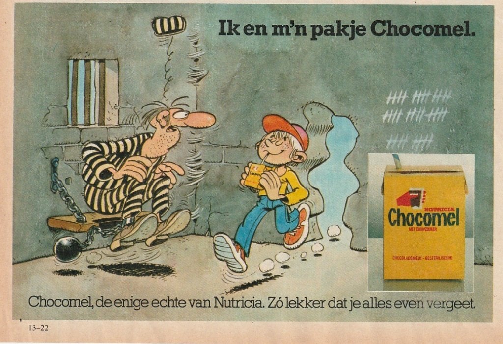 Retro reclame 1979 Nutricia Chocomel stripfiguur gevangenis, Verzenden, Overige typen