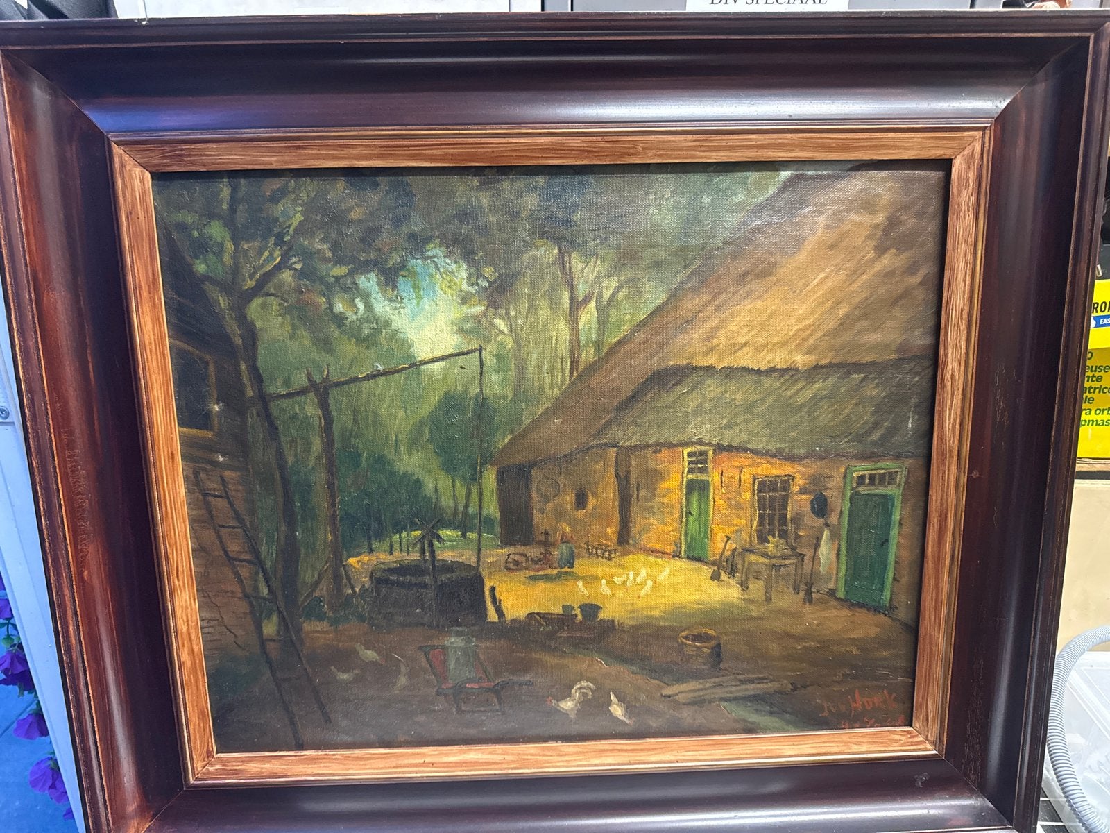 Landschap met Boerderij en Kippen van J van der Hurk, Antiek en Kunst, Kunst | Schilderijen | Klassiek, Gedateerd, Doek, Oud hollands