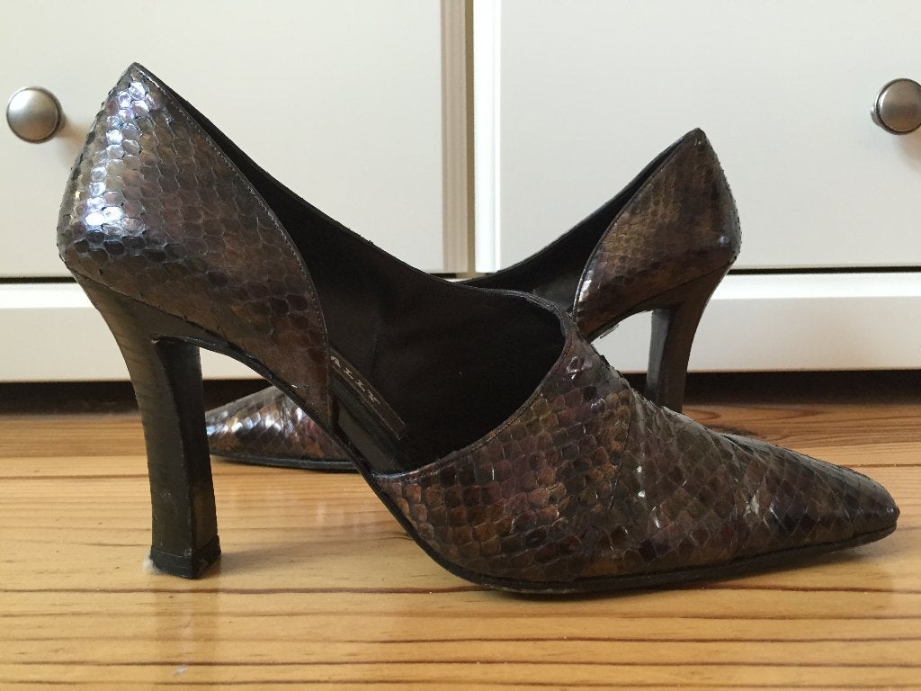 Bruine Bally 37 38 leren pumps slangenprint open zijkant egf, Pumps, Bruin, Ophalen of Verzenden, Zo goed als nieuw