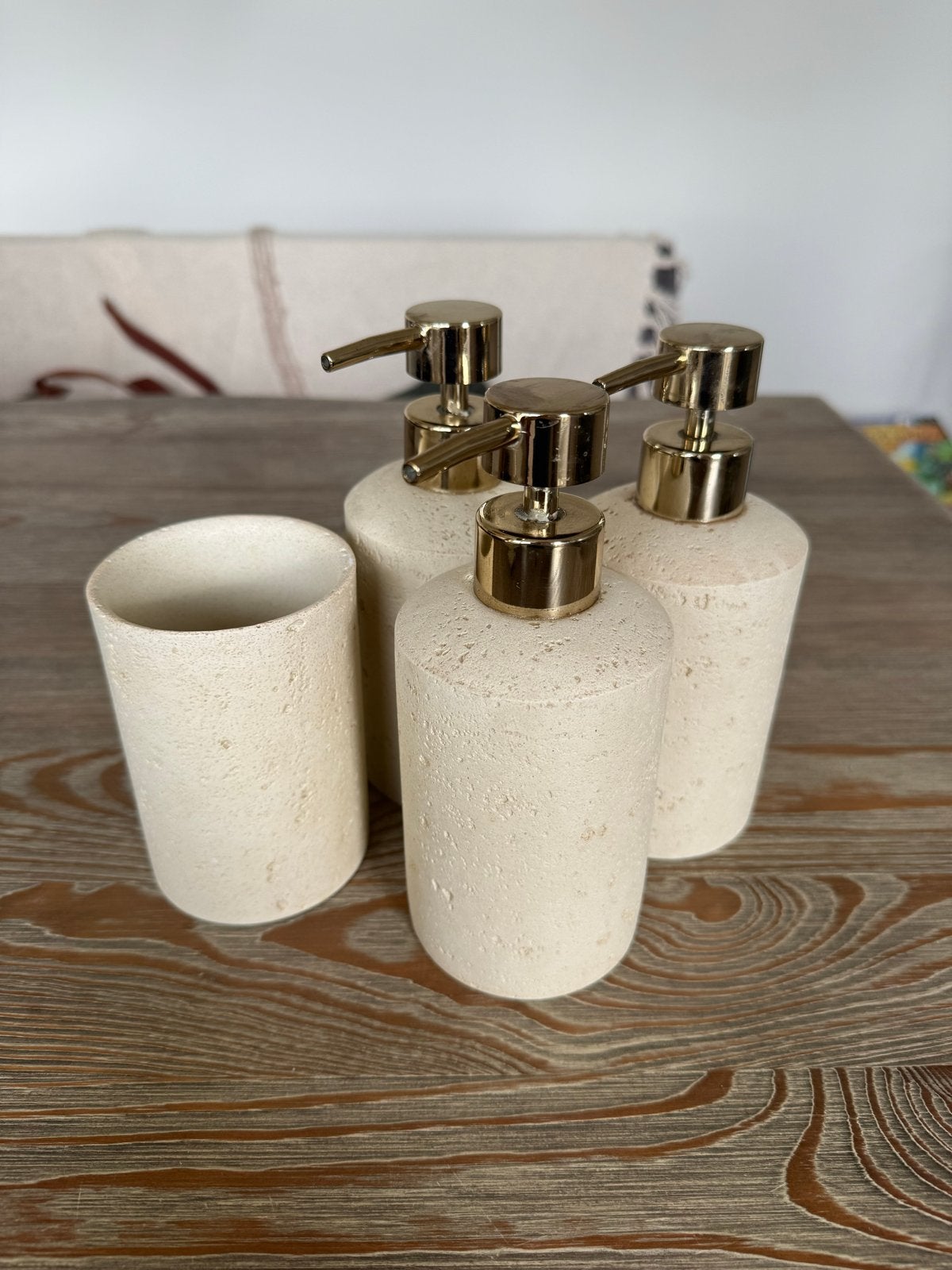 Luxe Zeepdispensers en Tandenborstelhouder Goud/Beige, Ophalen, Nieuw, Goud, Zeepdispenser/zeepbakje