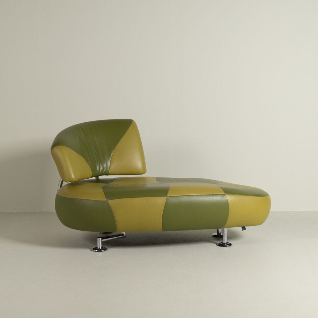 Leolux Kikko Chaise Longue Groen/Geel Leer, Huis en Inrichting, Leolux, Zo goed als nieuw, Niet ingevuld, Niet ingevuld
