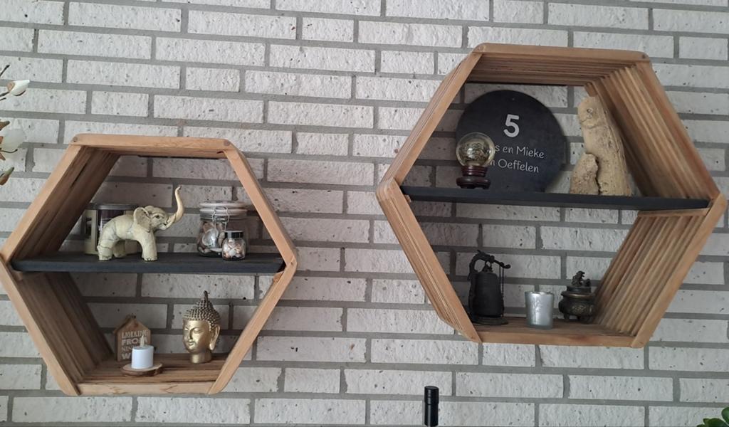 Set van 2 zeshoekige wandplanken - Hout en zwart, Ophalen, Nieuw