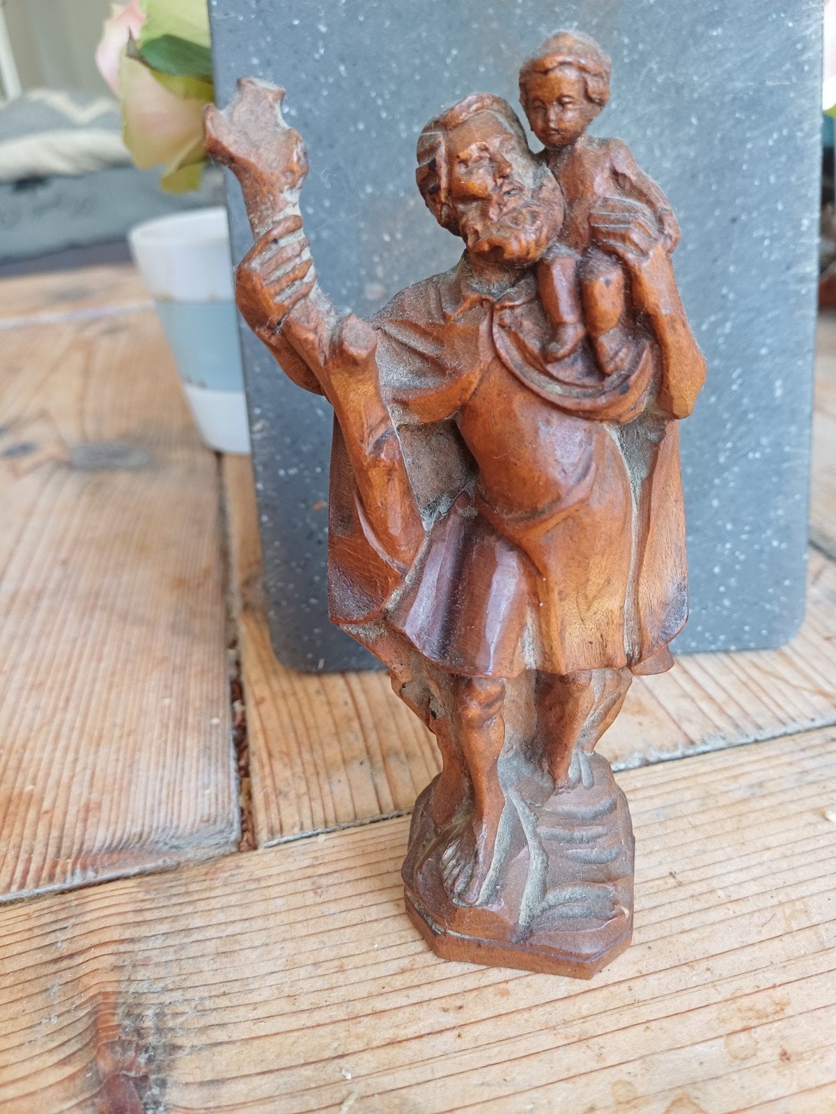 Antiek houten beeld: Sint Christoffel met kin17 cmd, Ophalen of Verzenden