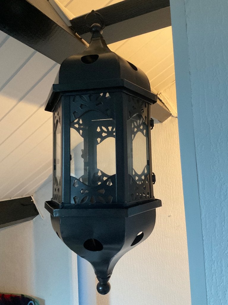Mooie bruin metalen/glazen hangkandelaar (H=52 cm), Ophalen, Zo goed als nieuw, Metaal, Kandelaar