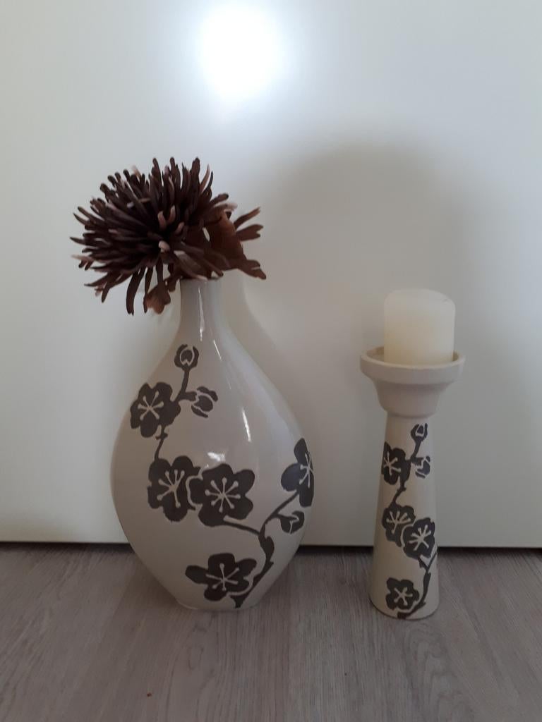 Mooie set: robuuste  vaas en kandelaar incl bloem, Ophalen, Overige kleuren, Aardewerk of Porselein, Nieuw
