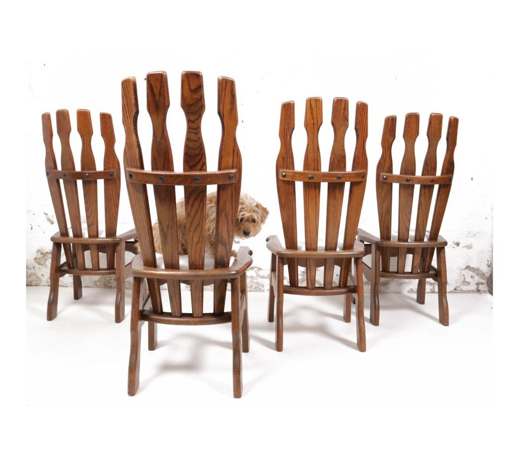 4 brutalist eiken eetkamerstoelen bouclé zitting jaren 70, Huis en Inrichting, Ophalen, Hout, Brutalist, jaren 70, Gebruikt