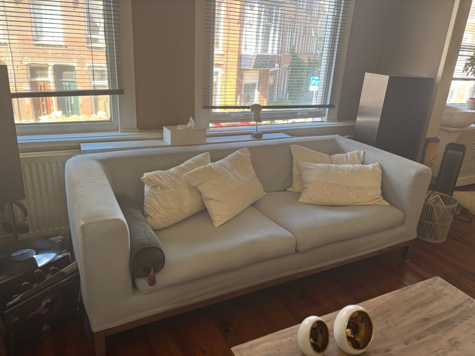 Minotti bank in blauwe stof, Huis en Inrichting, Banken | Bankstellen, Ophalen, Gebruikt, Driepersoons, 75 tot 100 cm