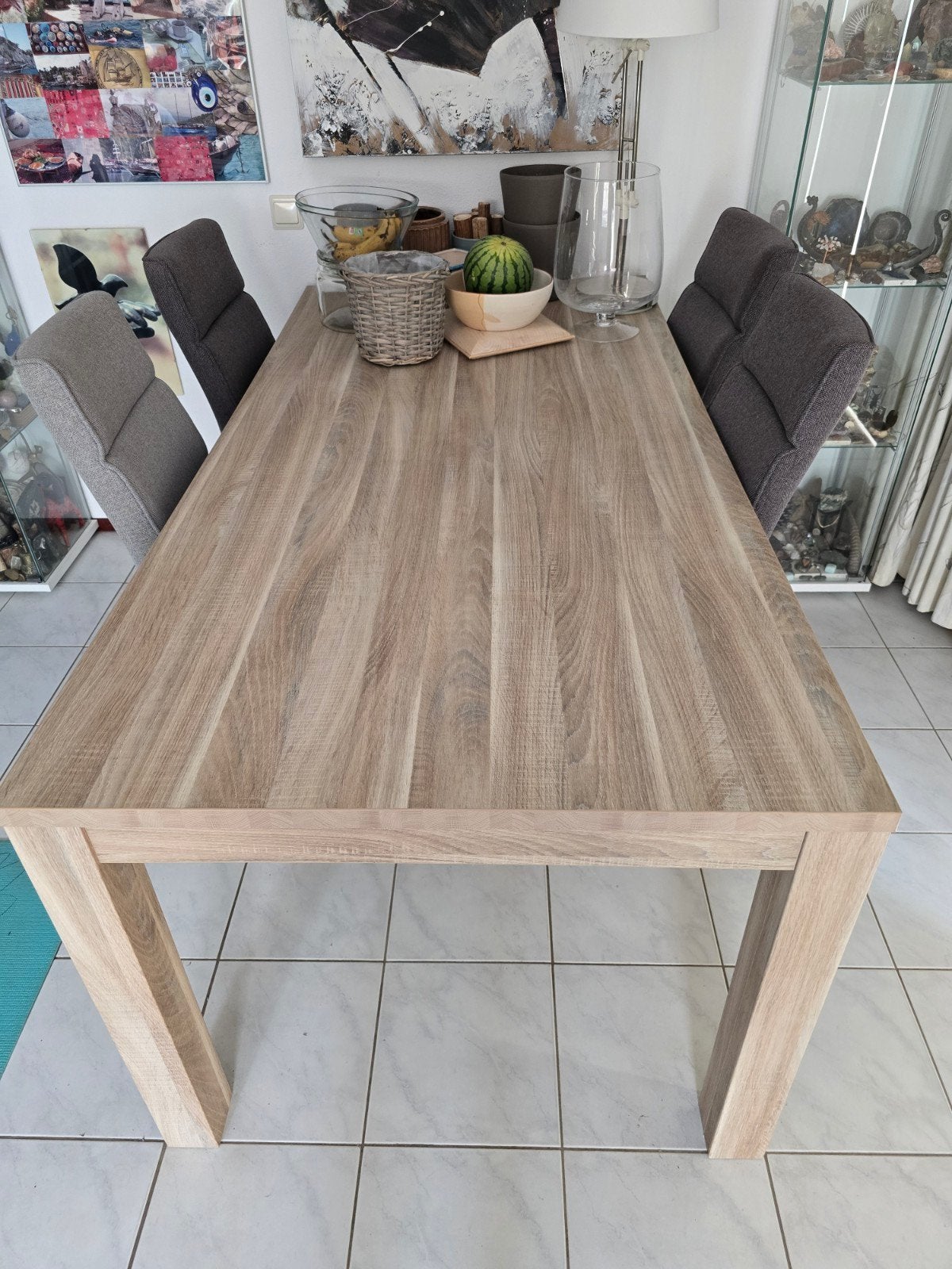 Houten eettafel +4stoel stof of 4stoel leer zwart wieltjes, Ophalen