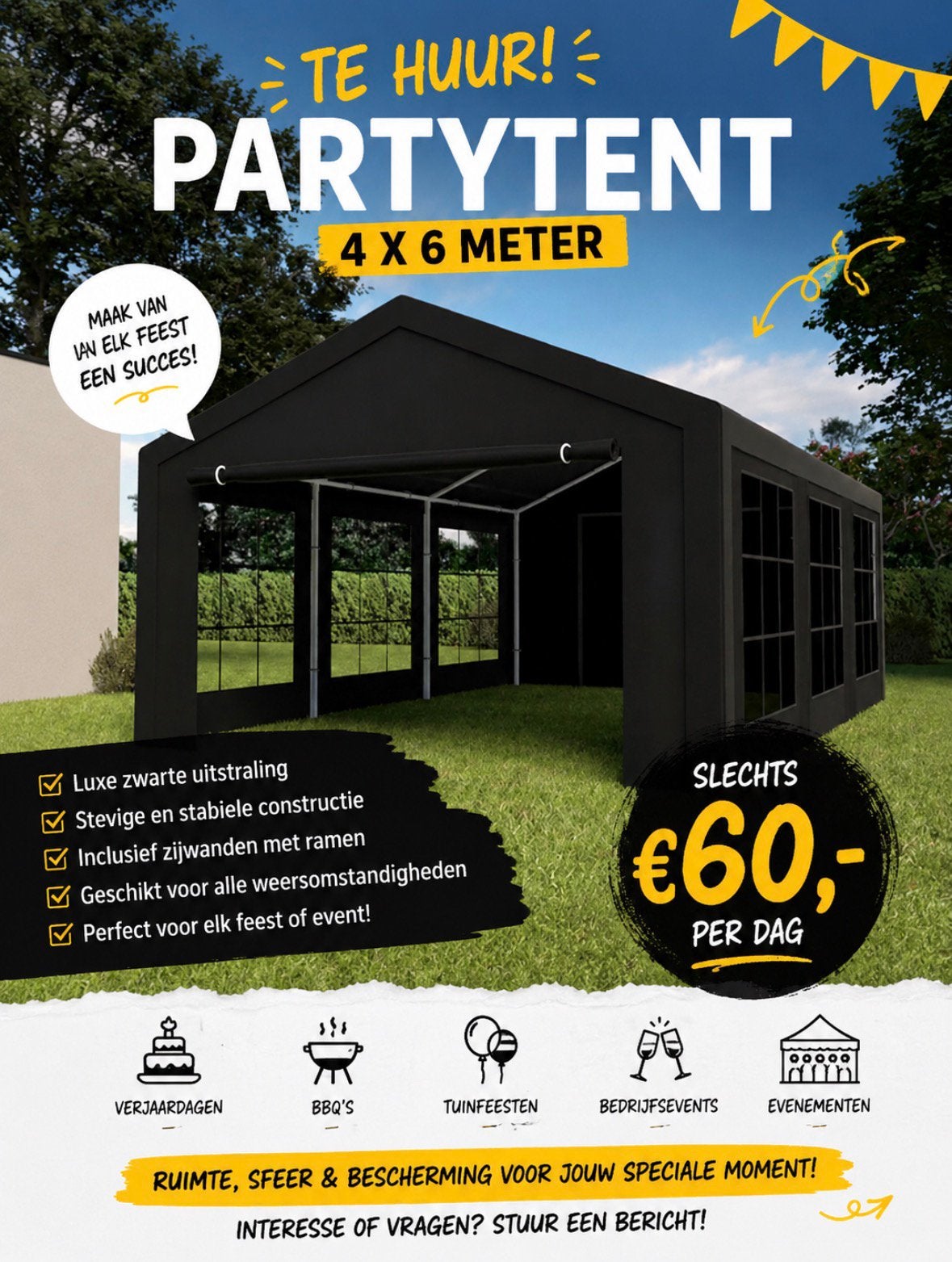 Partytent zwart te huur 6x4m, Ophalen, Zo goed als nieuw