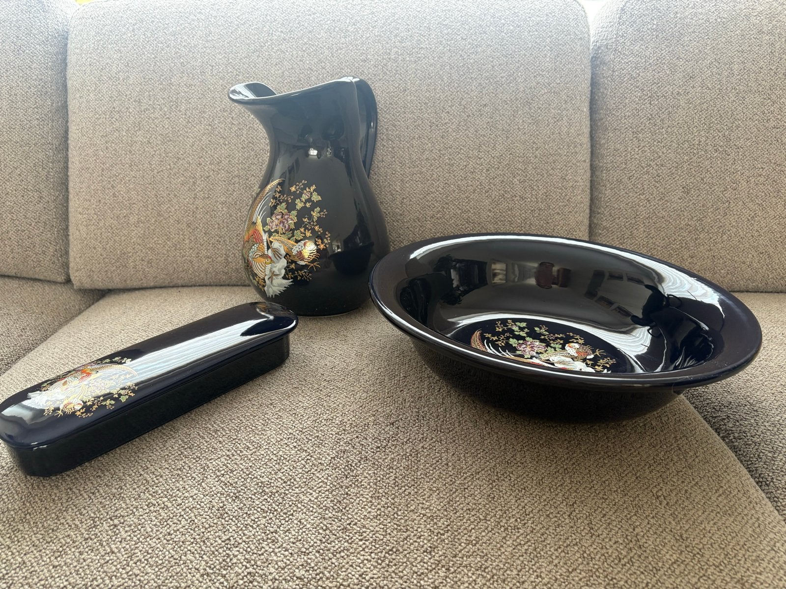 Vintage Japans servies: kan, schaal en doosje met fazanten, Ophalen