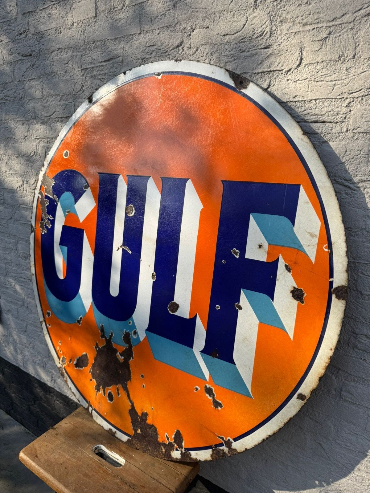 Gulf emaille bord dubbelzijdig 108 cm, Ophalen, Gebruikt, Reclamebord