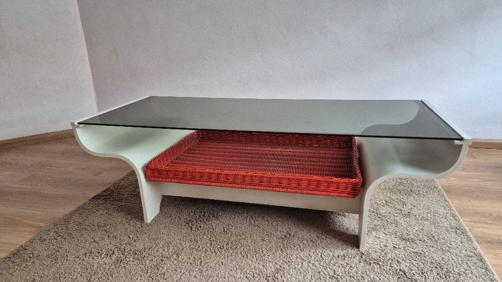 Mooie jaren 70 witte salontafel met rookglazenblad, Huis en Inrichting, Ophalen, Gebruikt, 100 tot 150 cm, 50 tot 100 cm