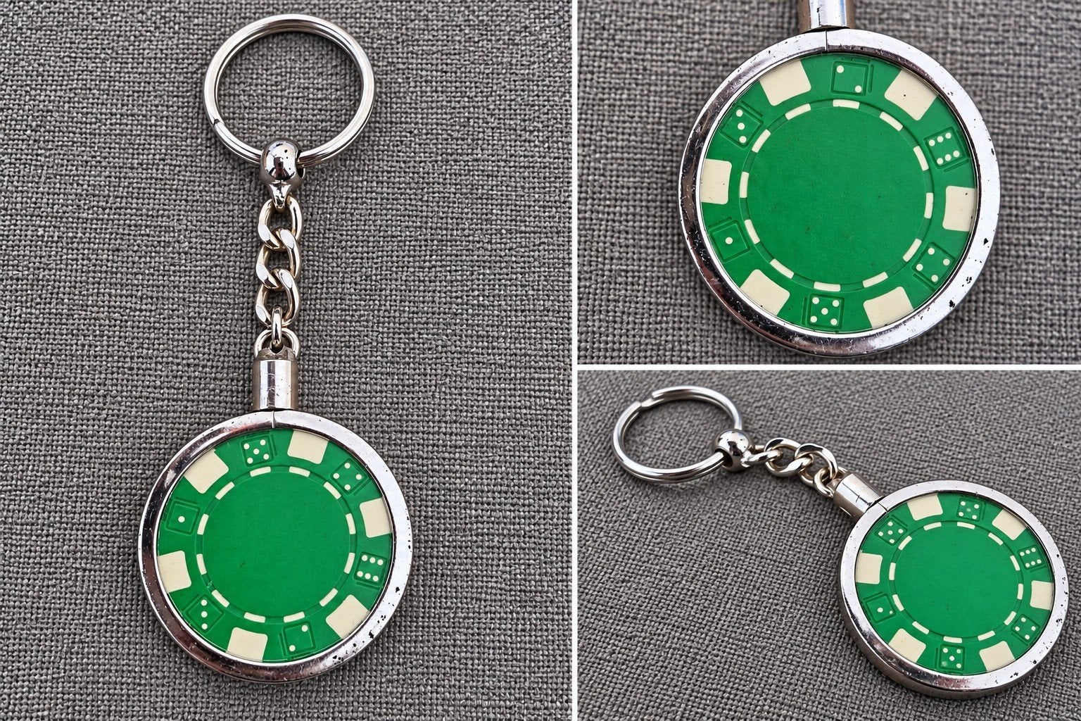 Vintage sleutelhanger groen casino pokerchip dobbelsteen, Ophalen of Verzenden, Gebruikt, Merk