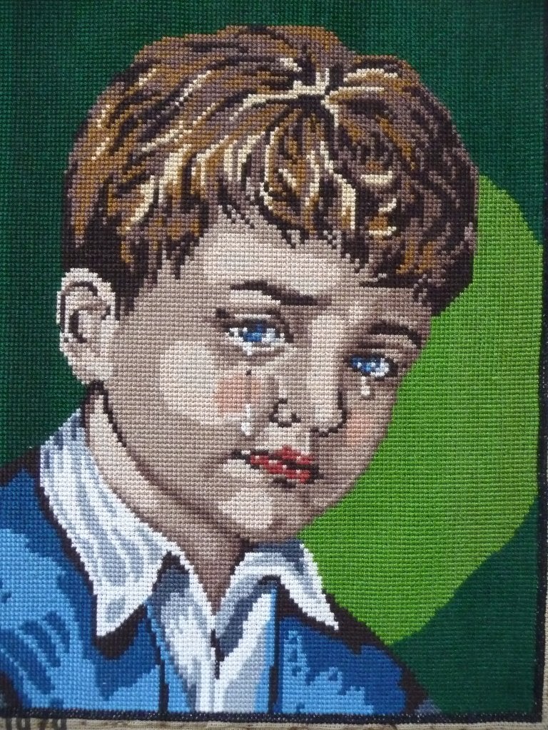 Borduurwerk "Jongen met traan", Hobby en Vrije tijd, Ophalen of Verzenden, Gebruikt, Handborduren, Onderdeel of Toebehoren