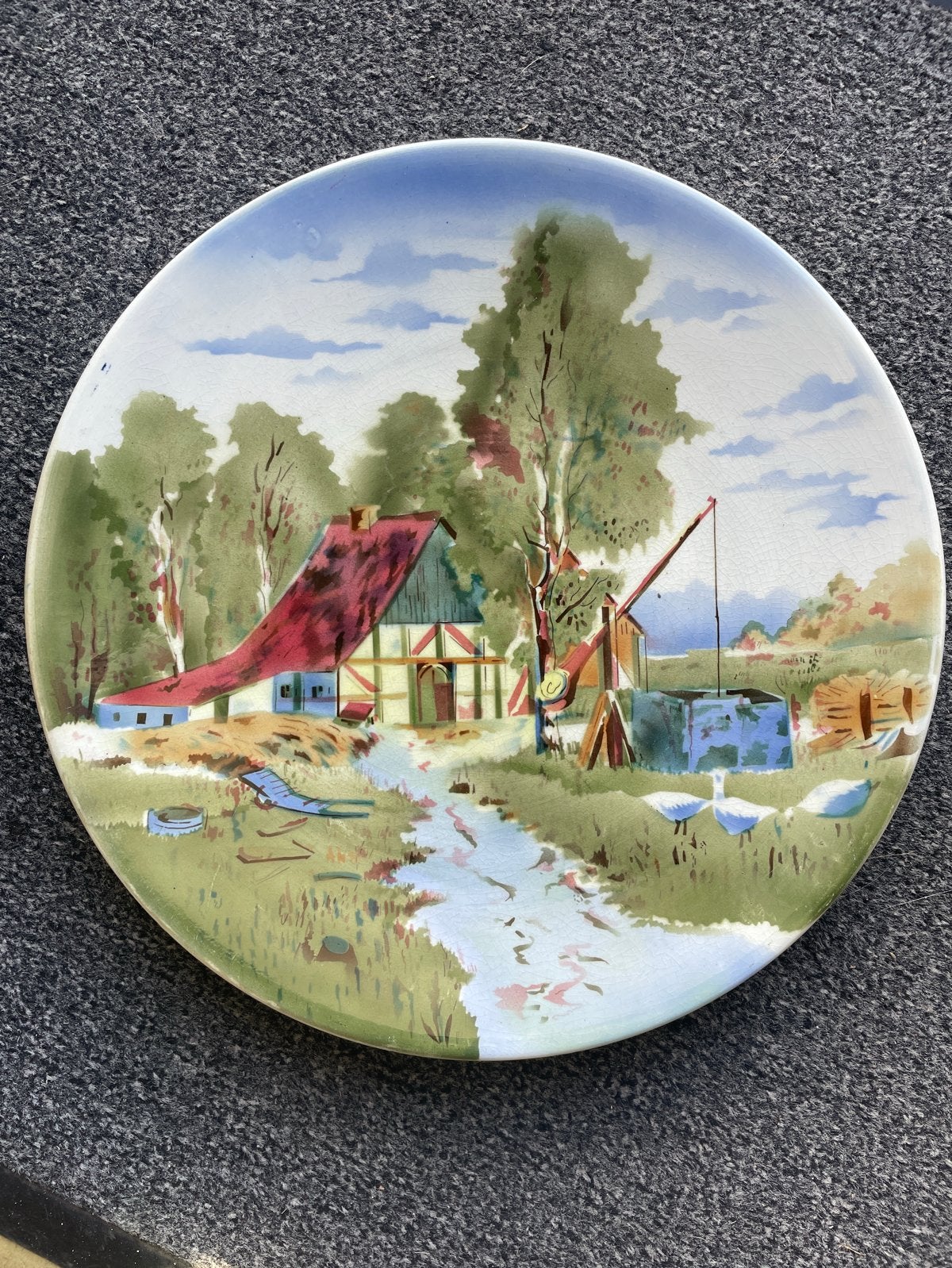 Decoratief antiek bord met landschap en boerderij, Antiek en Kunst, Ophalen of Verzenden