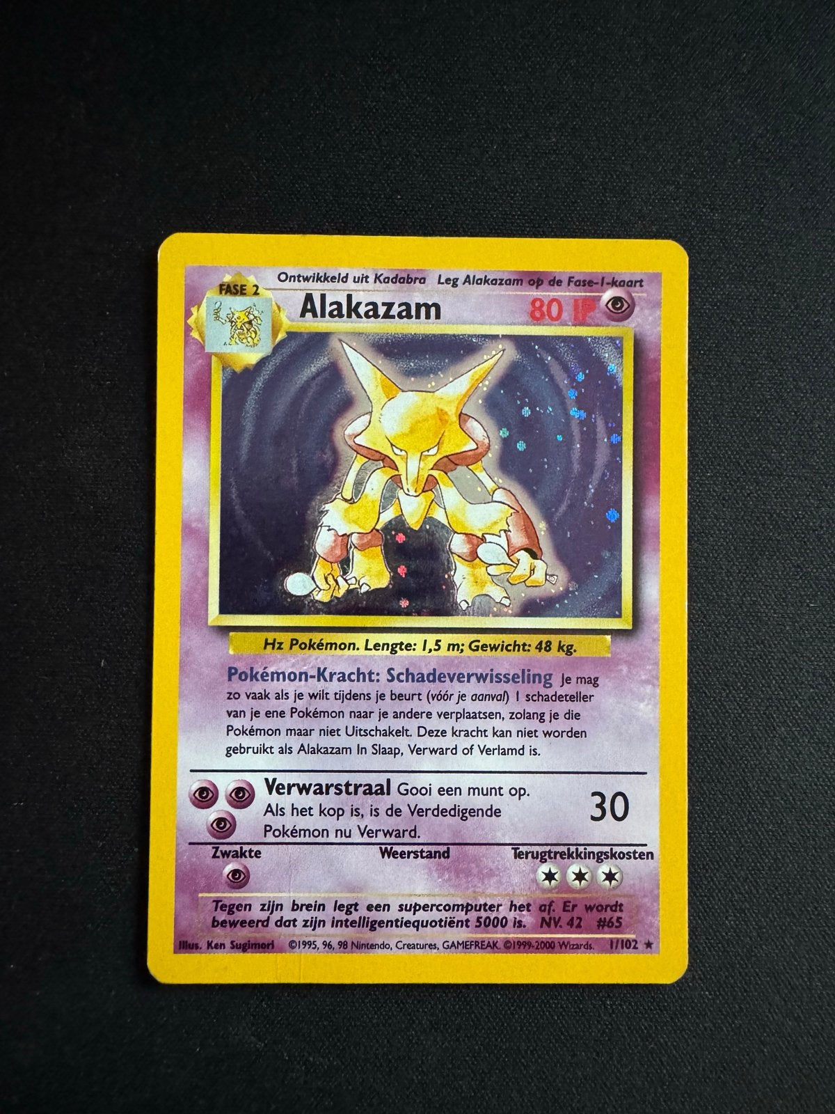 Alakazam Pokémon kaart (Base Set 1/102) Holo, Ophalen of Verzenden, Gebruikt, Losse kaart, Foil