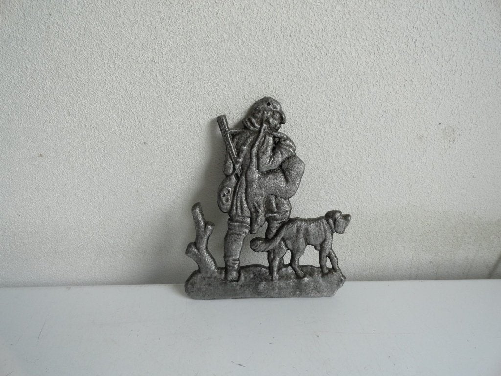 Muurplaatje, wanddecoratie metaal jager met hond, Ophalen of Verzenden