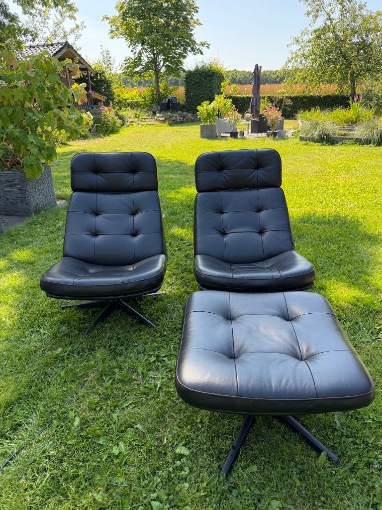 2 x Luxe relax draaifauteuil echt leer & voetenbankje zwart, Ophalen, Minder dan 75 cm, Leer, Zo goed als nieuw