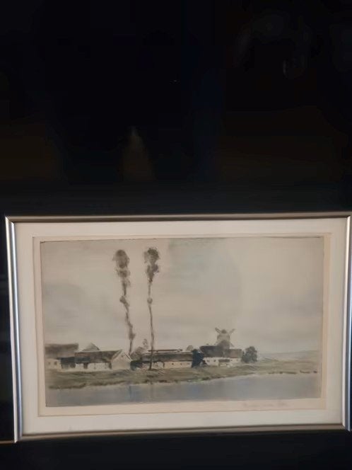ets met aquarel steenfabriek met molen Jan Pieter..........., Ophalen