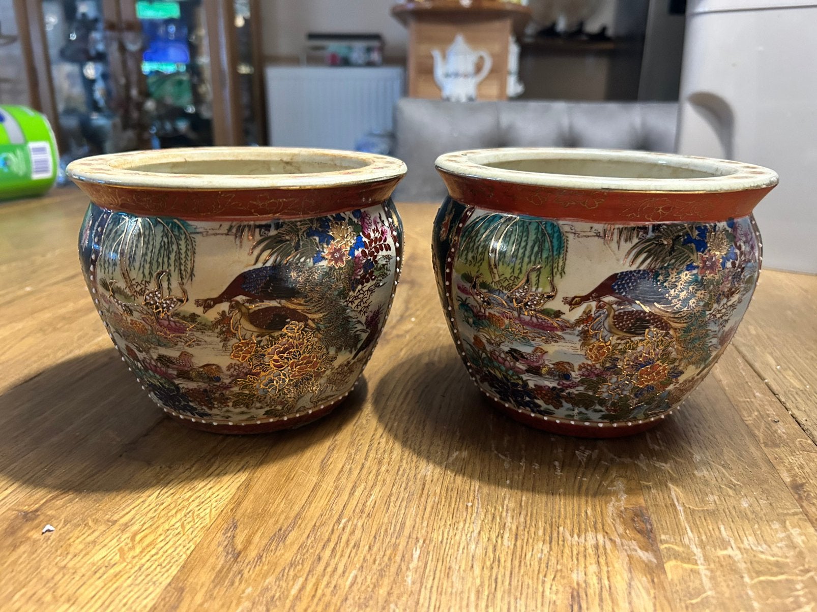 Setje van twee japanse Satsuma Bloempotjes 15x13 centimeter, Rond, Div, Ophalen of Verzenden, Zo goed als nieuw