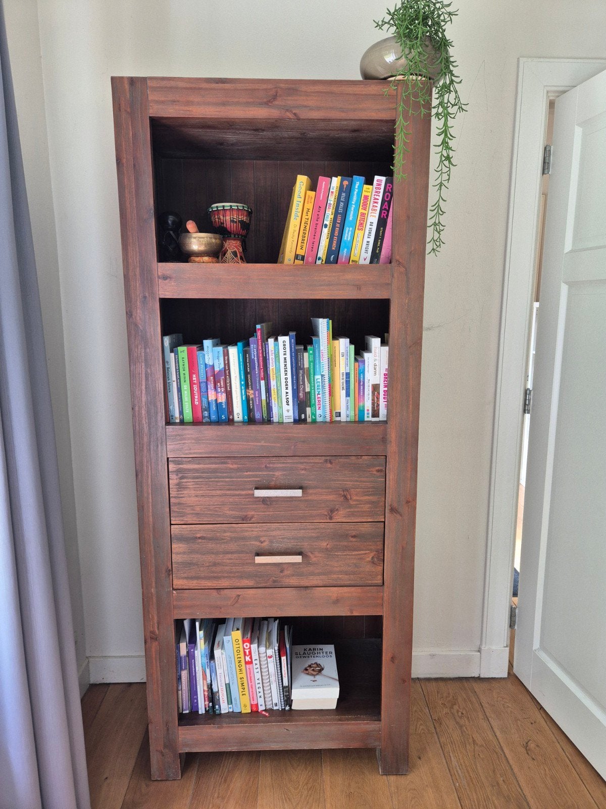 Houten Boekenkast met Lades - Rustieke Stijl, Ophalen, Met plank(en), Minder dan 50 cm, Gebruikt