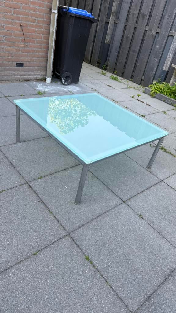 Glazen salontafel 90x90x37 met metalen poten, Ophalen, Gebruikt, 50 tot 100 cm, Vierkant