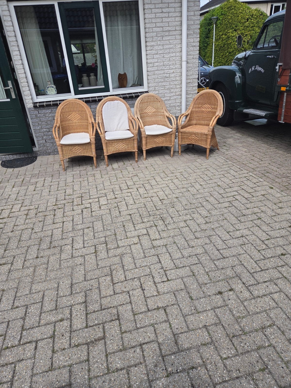 Set van 4 rieten stoelen met kussens, Ophalen, Gebruikt, Overige kleuren, Stof
