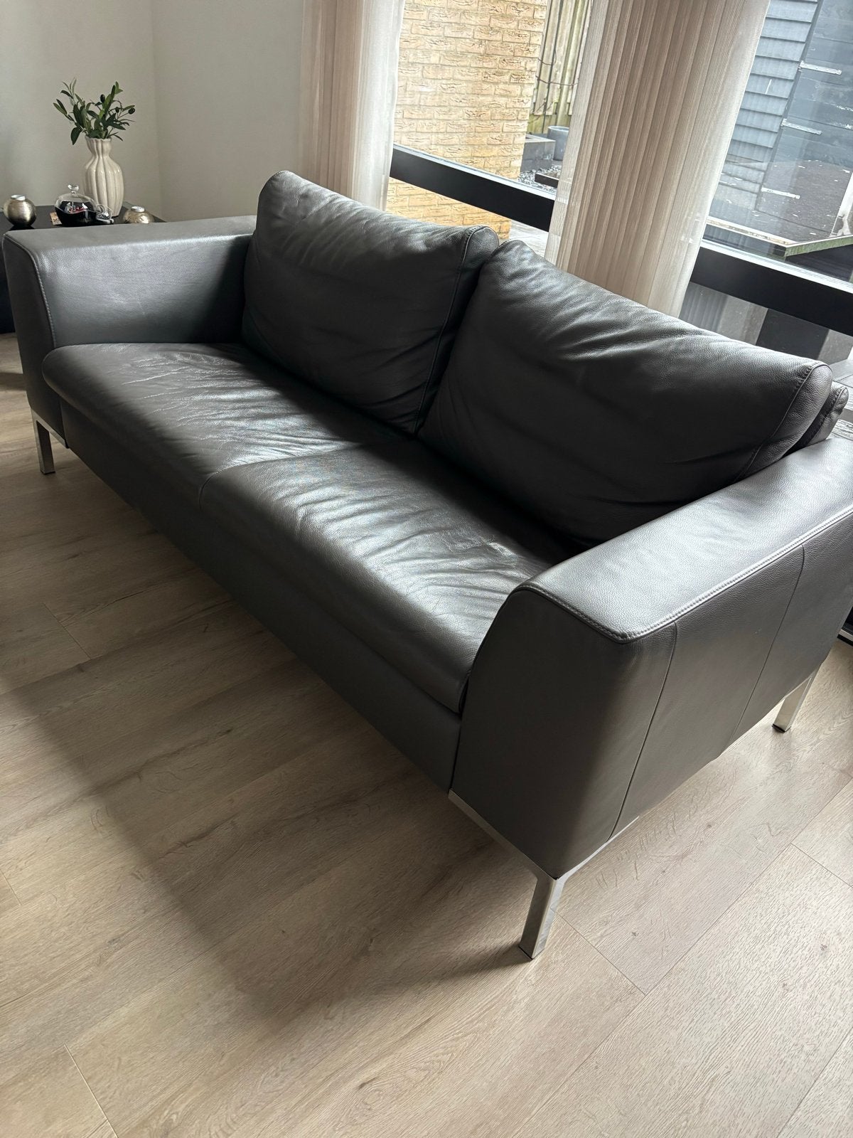 Grijze leren bank, Ophalen, Gebruikt, 150 tot 200 cm, Driepersoons