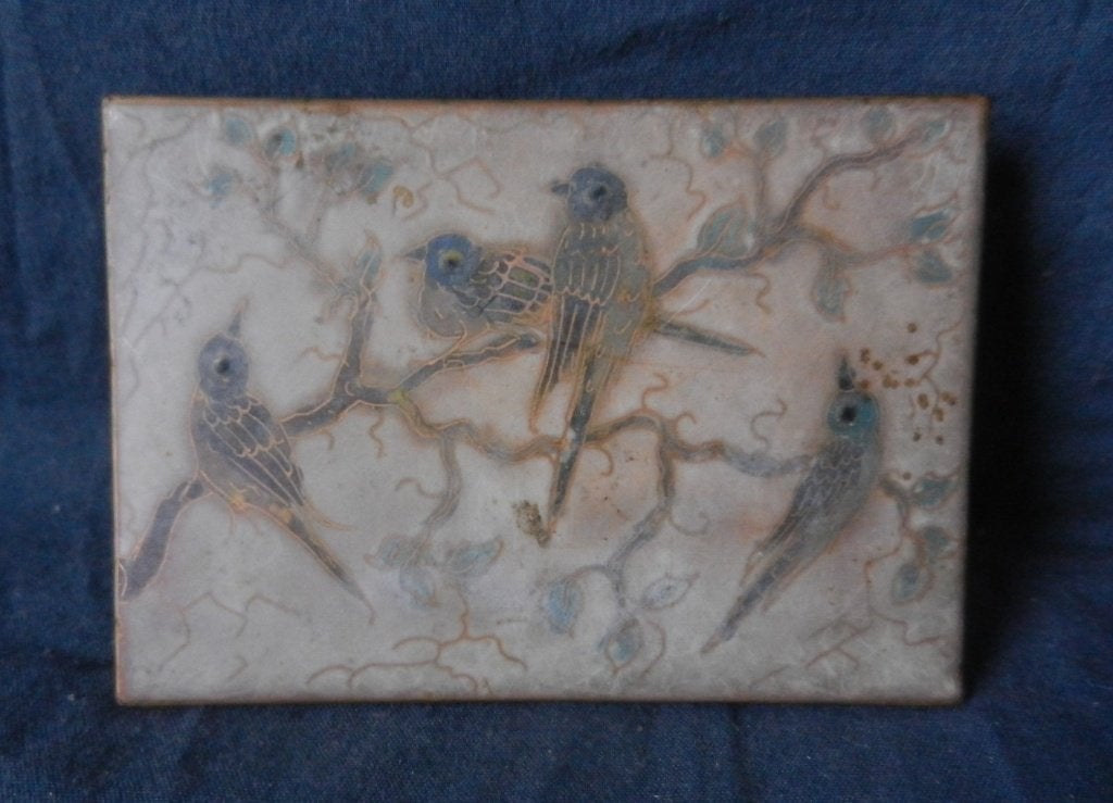 Fraaie email emaille dekseldoos vogeldecor Hollands ca. 1960, Antiek en Kunst, Ophalen of Verzenden